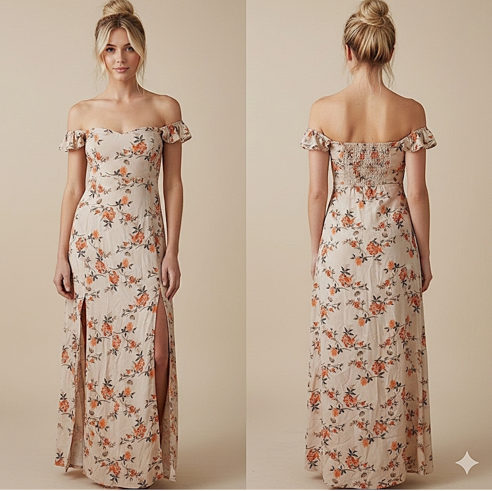 Floral Off The Shoulder Butterfly Sleeve Maxi Dress with Slits- New